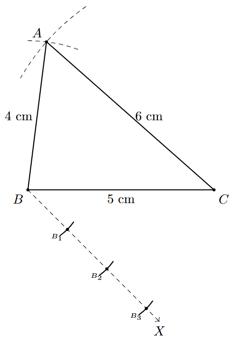 Step 3: Three equally spaced points B1, B2, B3 are marked on ray BX.